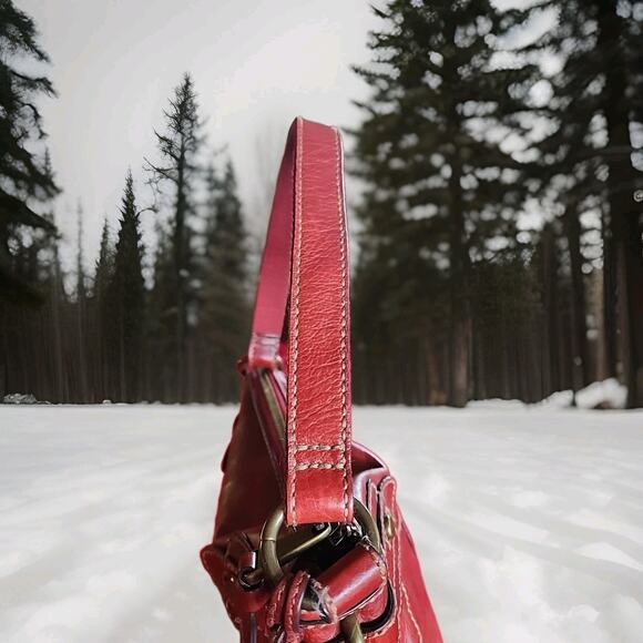 Fossil Red Leather Purse Cognac Fabric Lining Key Fob 8-9 Inch Drop 3 Pockets - Picture 13 of 16
